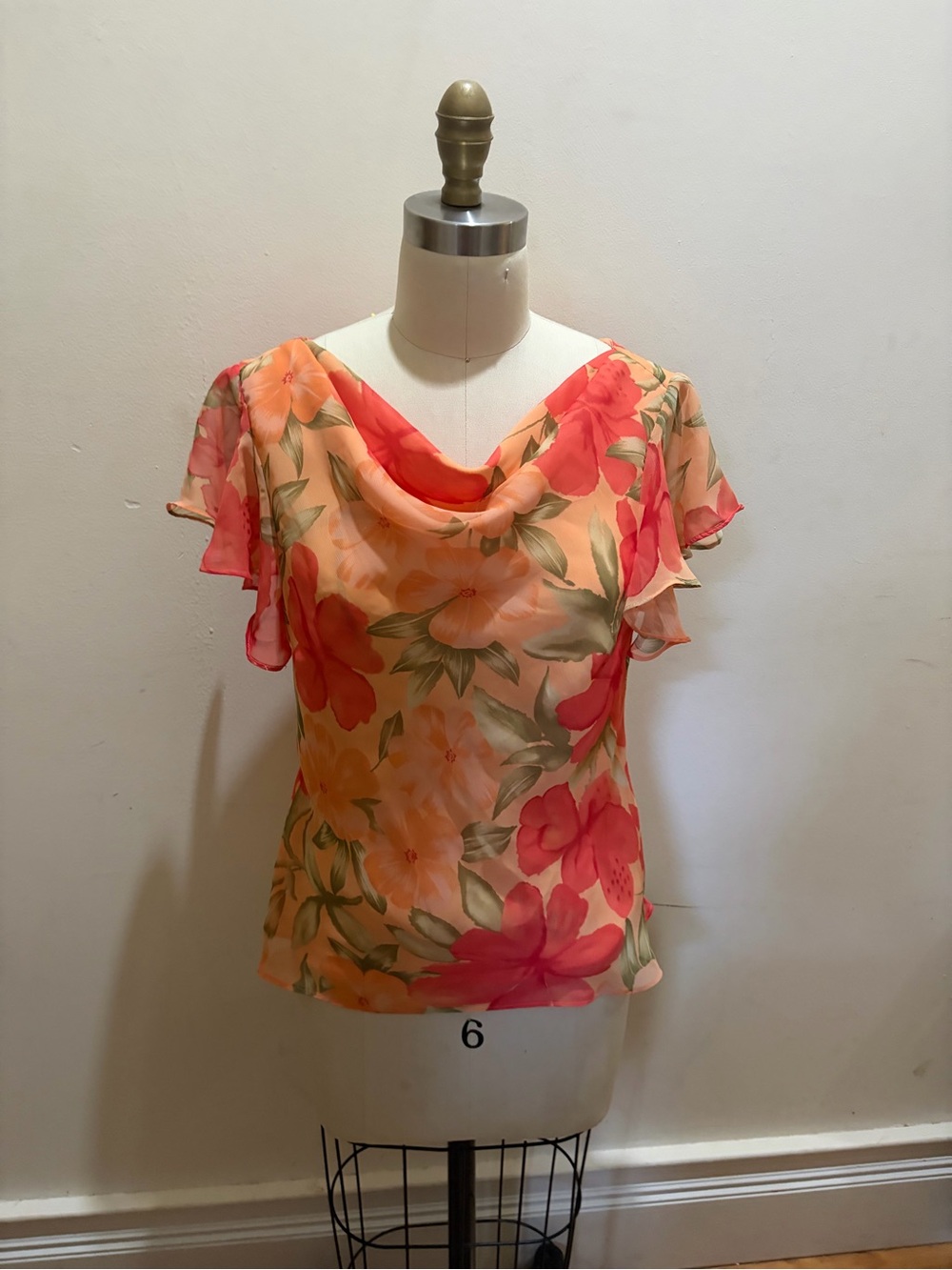 Studio I Coral and Peach Floral Cowl-Neck Flutter Sleeve Blouse